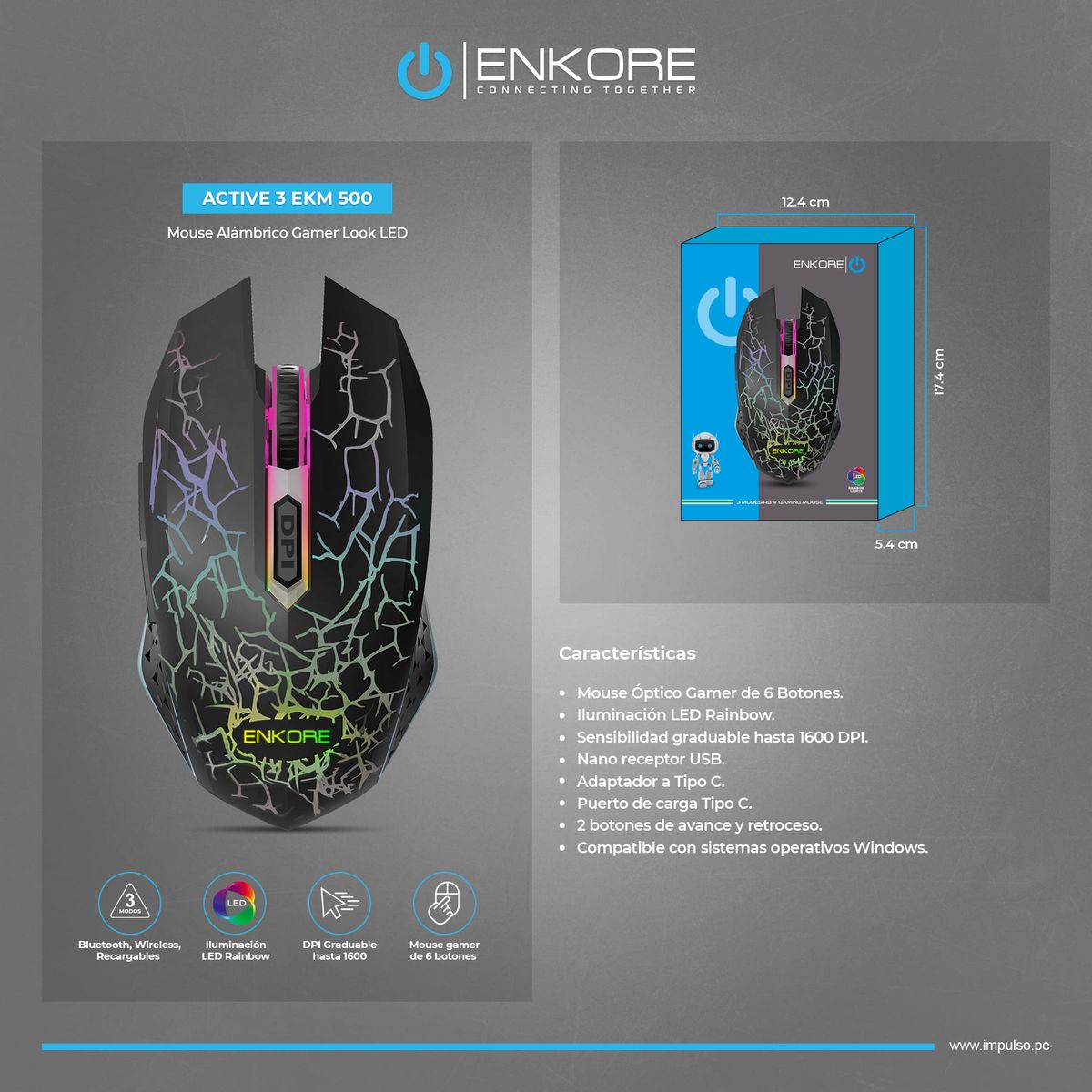 ENKORE - Mouse Gamer 3 Modos: BT Inalámbrico Recargable 6B Enkore Active 3 EKM 500