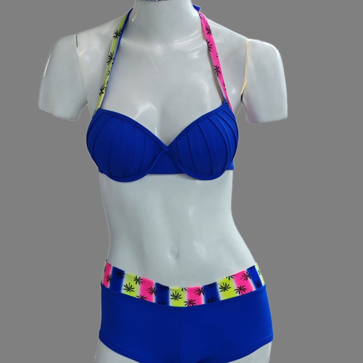 GENERICO - Bikini Ropa de Baño Bañador Dos Piezas Azul rey con palmeras Talla M DEALCOBA
