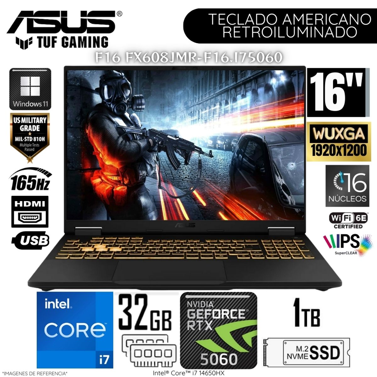 ASUS - Laptop Asus TUF Gaming F16 FX608JMR Intel Core i7 14650HX 32GB RAM 1TB SSD RTX 5060-8GB 16"  WUXGA
