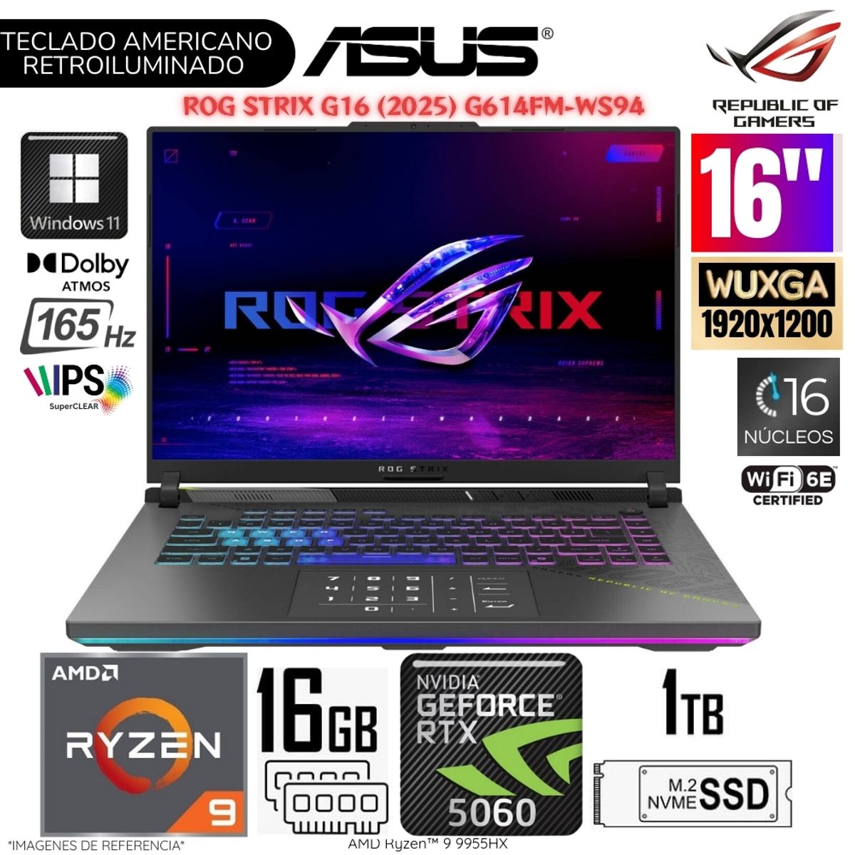 ASUS - Laptop Asus Rog Strix G16 (2025) AMD Ryzen 9 9955HX 16GB RAM 1TB SSD RTX 5060-8GB 16"  WUXGA