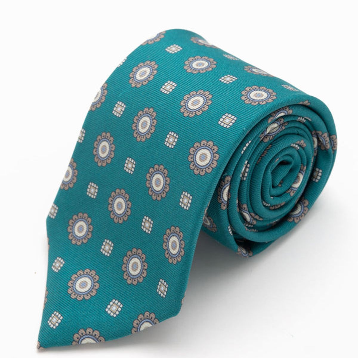 ANDREW'S TIES - CORBATA VERDE JADE CON DISEÑO DE FLORES GRISES