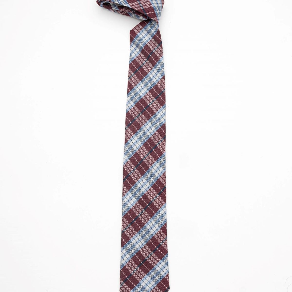 ANDREW'S TIES - CORBATA VINO CON RAYAS CELESTES Y CUADROS BLANCOS