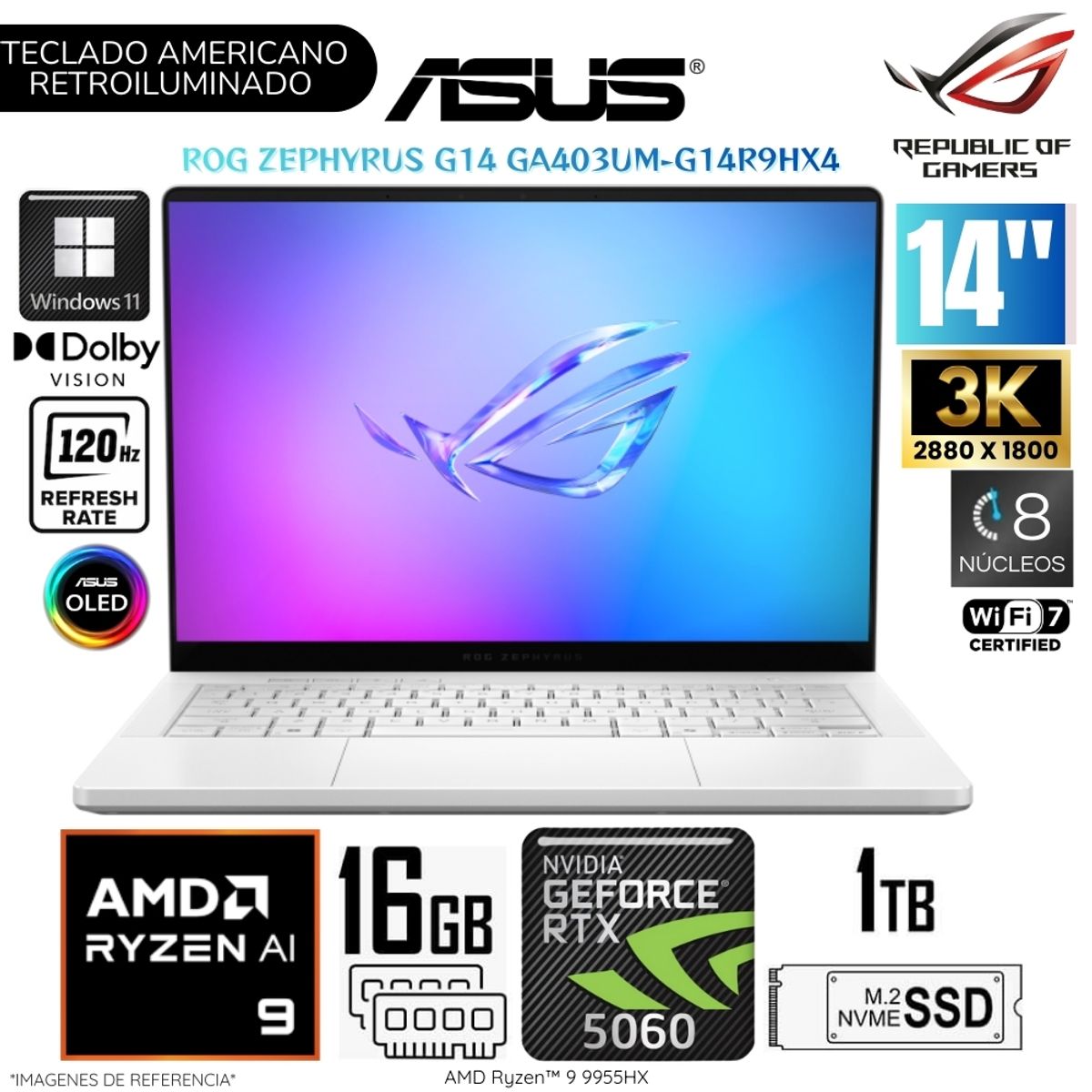 ASUS - Laptop ASUS ROG ZEPHYRUS G14 AMD Ryzen 9 270 16GB RAM 1TB SSD RTX 5060-8GB 14"  3K OLED  Win 11