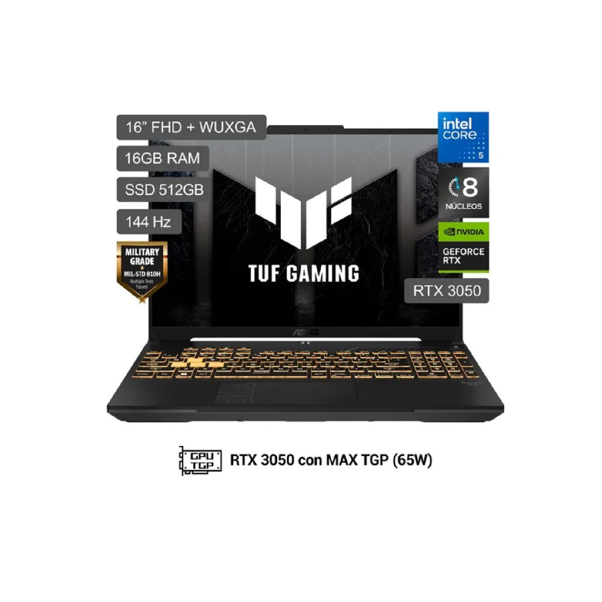 ASUS - Laptop Gaming ASUS TUF F16 FX607V 16'' WUXGA 144Hz, Intel Core 5 210H, 16GB, 512GB SSD, RTX 3050 6GB GDDR6, Windows 11