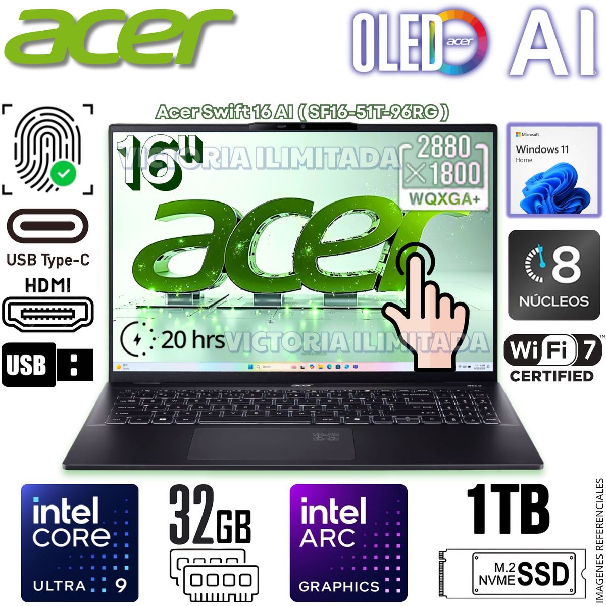 ACER - Laptop Acer Swift 16 AI 16" WQXGA OLED Intel Core Ultra 9 228V RAM 32GB SSD 1TB Arc™ Graphics 140V SF16-51T-96RG