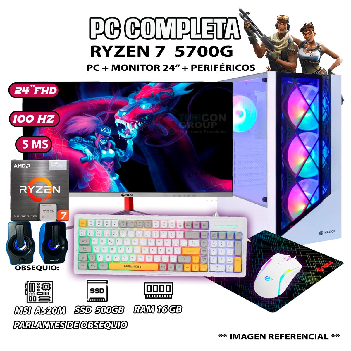 AMD - Computadora Completa Ryzen 7 5700G RAM 16GB DISCO SSD 500GB MONITOR 24" FHD