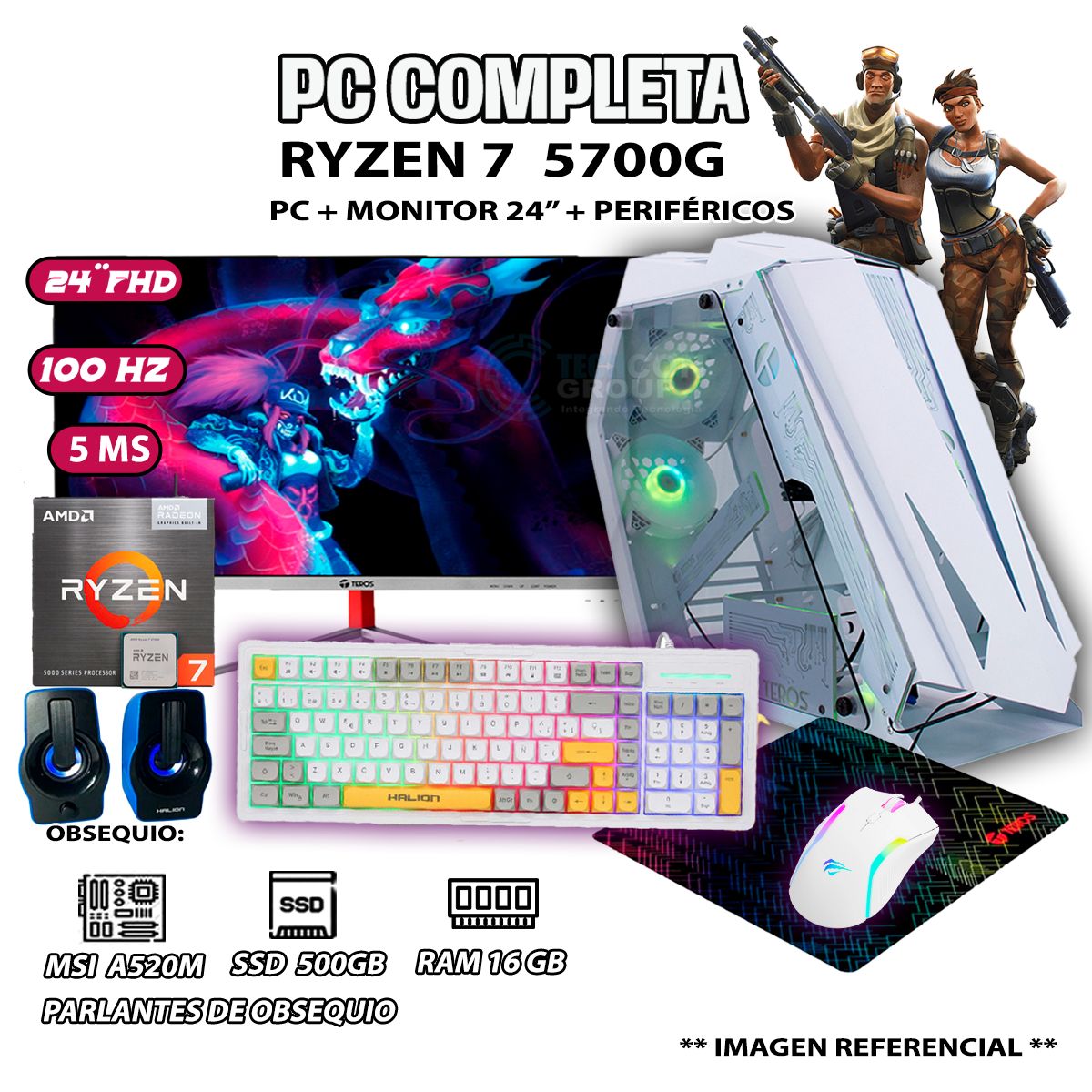 AMD - Computadora Completa Ryzen 7 5700G RAM 16GB DISCO SSD 500GB MONITOR 24" FHD