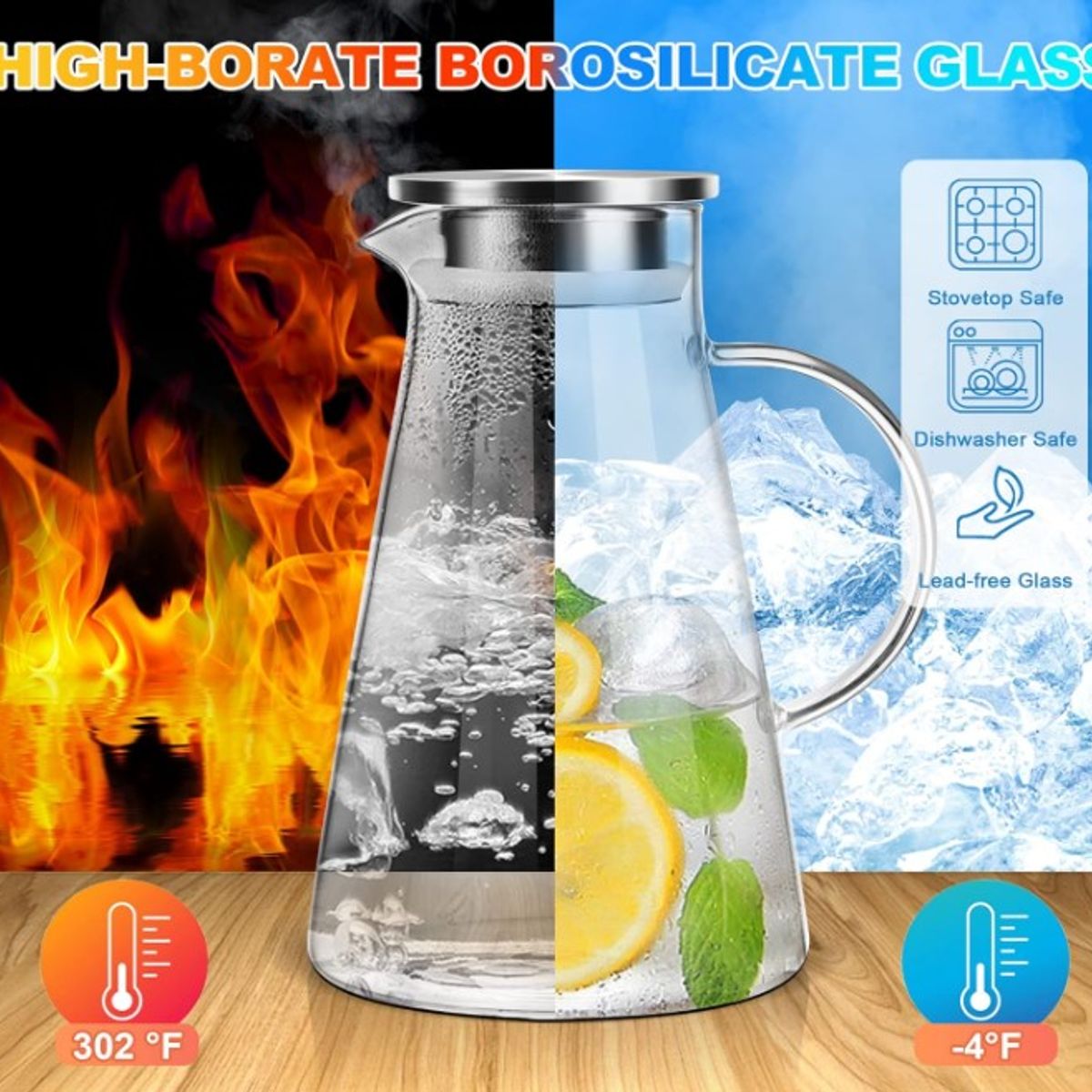 GENERICO - Jarra de Vidrio Triangular con Tapa de Acero 1.8 L