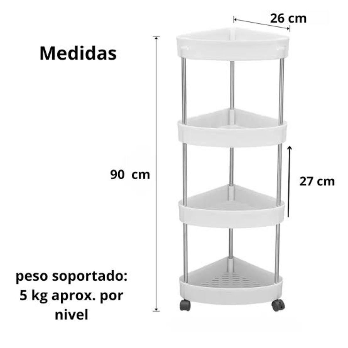 GENERICO - CARRITO ORGANIZADOR ESQUINERO CON RUEDAS AUXILIAR MULTIUSOS  4 NIVELES COLOR BLANCO
