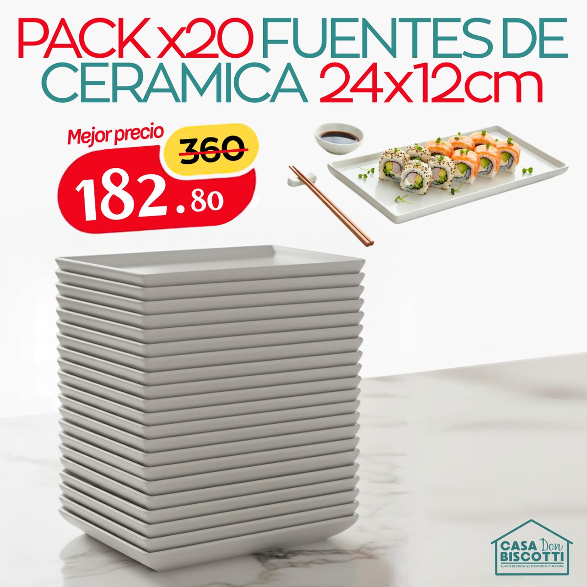 GENERICO - Fuente de Cerámica Rectangular Blanco PACK x20 Azafates Fuentes - Bandeja Cerámica Blanca 24x12cm