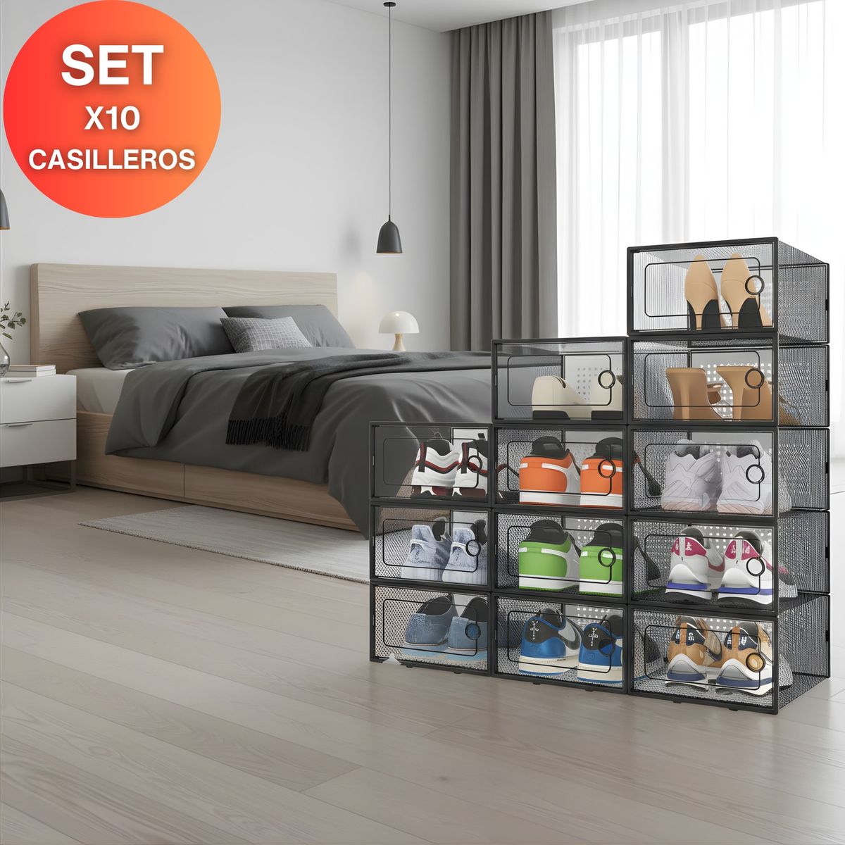 GENERICO - Set x 10 Organizadores De Zapatos Con Rejilla De Ventilación y Marco Doble Negro