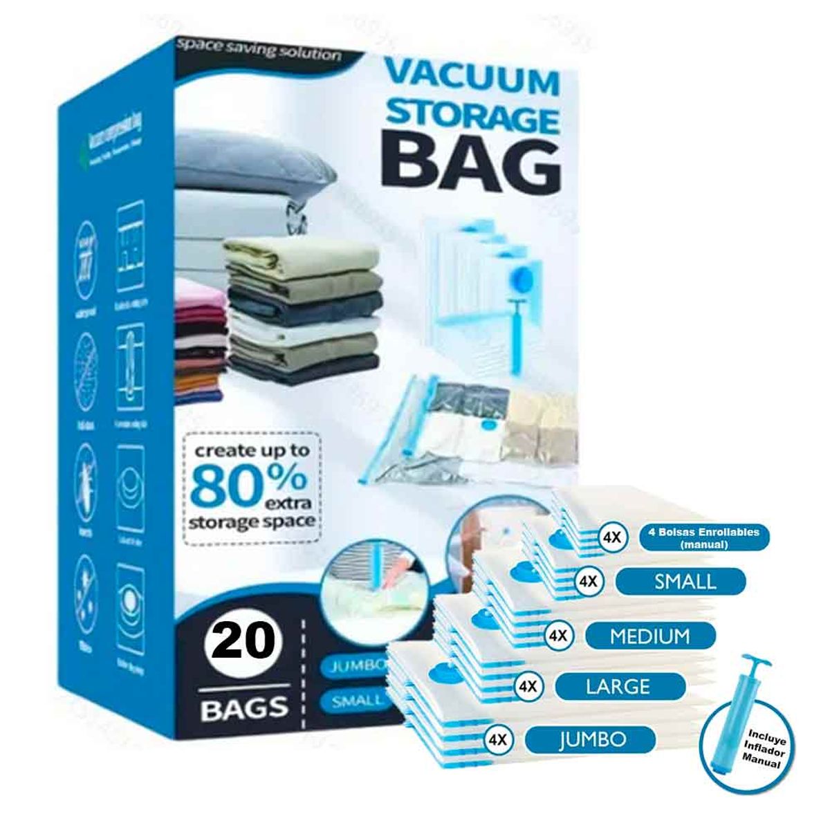 VARIOS - Set 20 Bolsas de Aire al Vacío de Viaje con Bomba de Aire Manual Jumbo Large Medium Small