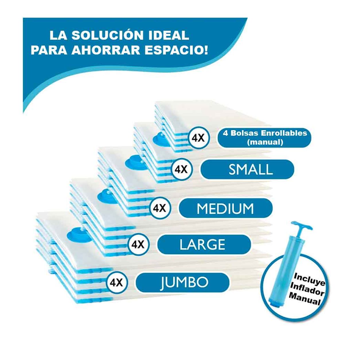 VARIOS - Set 20 Bolsas de Aire al Vacío de Viaje con Bomba de Aire Manual Jumbo Large Medium Small