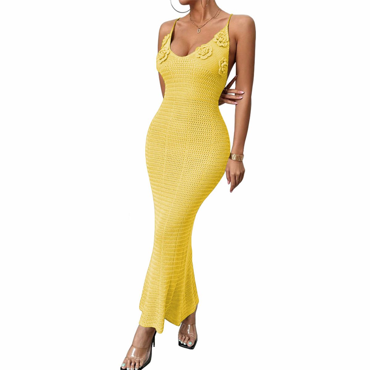 GENERICO - Vestido Tirantes Triple Rosa Ross 359G-26 Hilo Tacto Color Amarillo