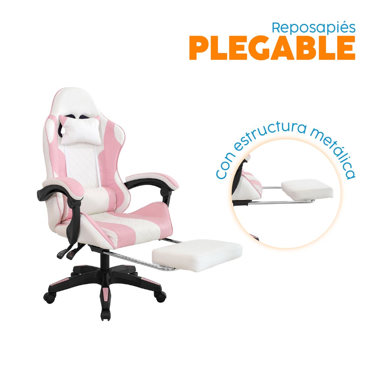 BONNO - Silla Gamer con Reposapiés BYD Blanco/Rosa Bonno