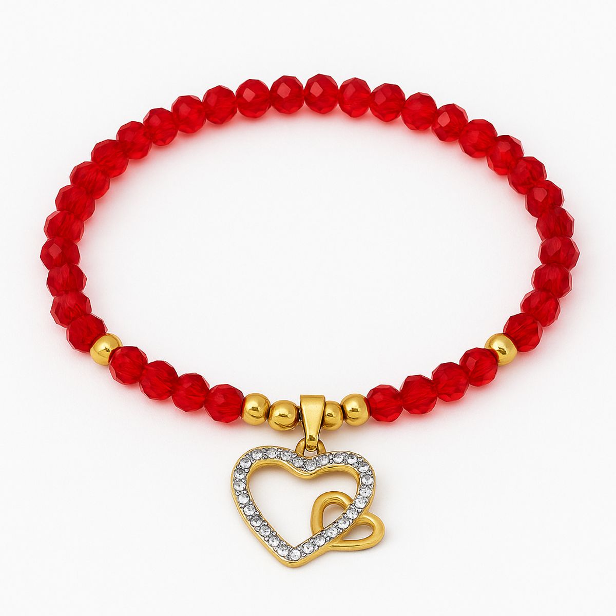 GENERICO - Pulsera Cristal Rojo Corazones Dorados Mujer