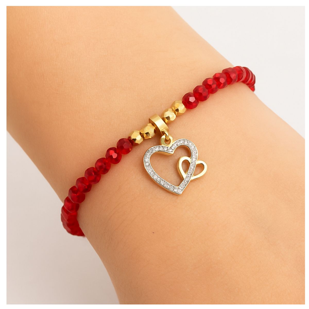 GENERICO - Pulsera Cristal Rojo Corazones Dorados Mujer