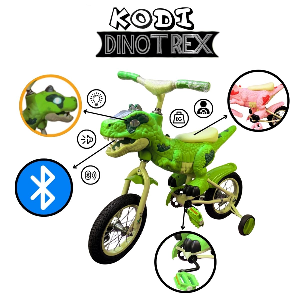 GENERICO - BICICLETA  DINO T-REX CON BLUETOOTH VERDE PARA NIÑOS