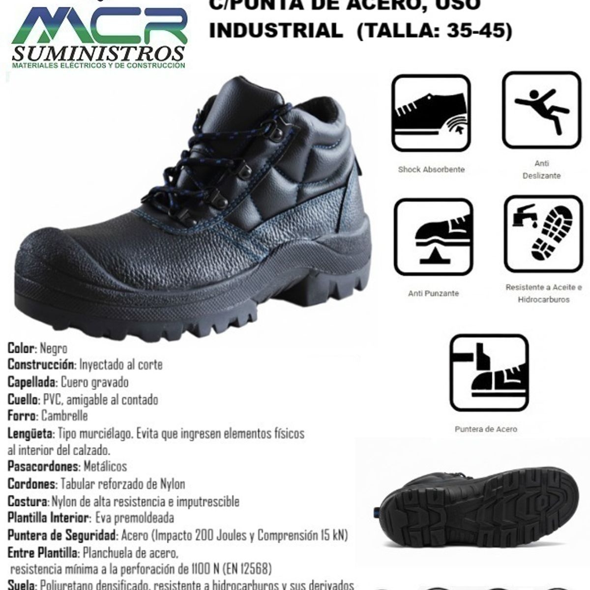 BOTIN DE CUERO DE SEGURIDAD CPUNTA DE ACERO USO INDUSTRIAL TALLA 35-45, marca GENERICO - Foto Principal
