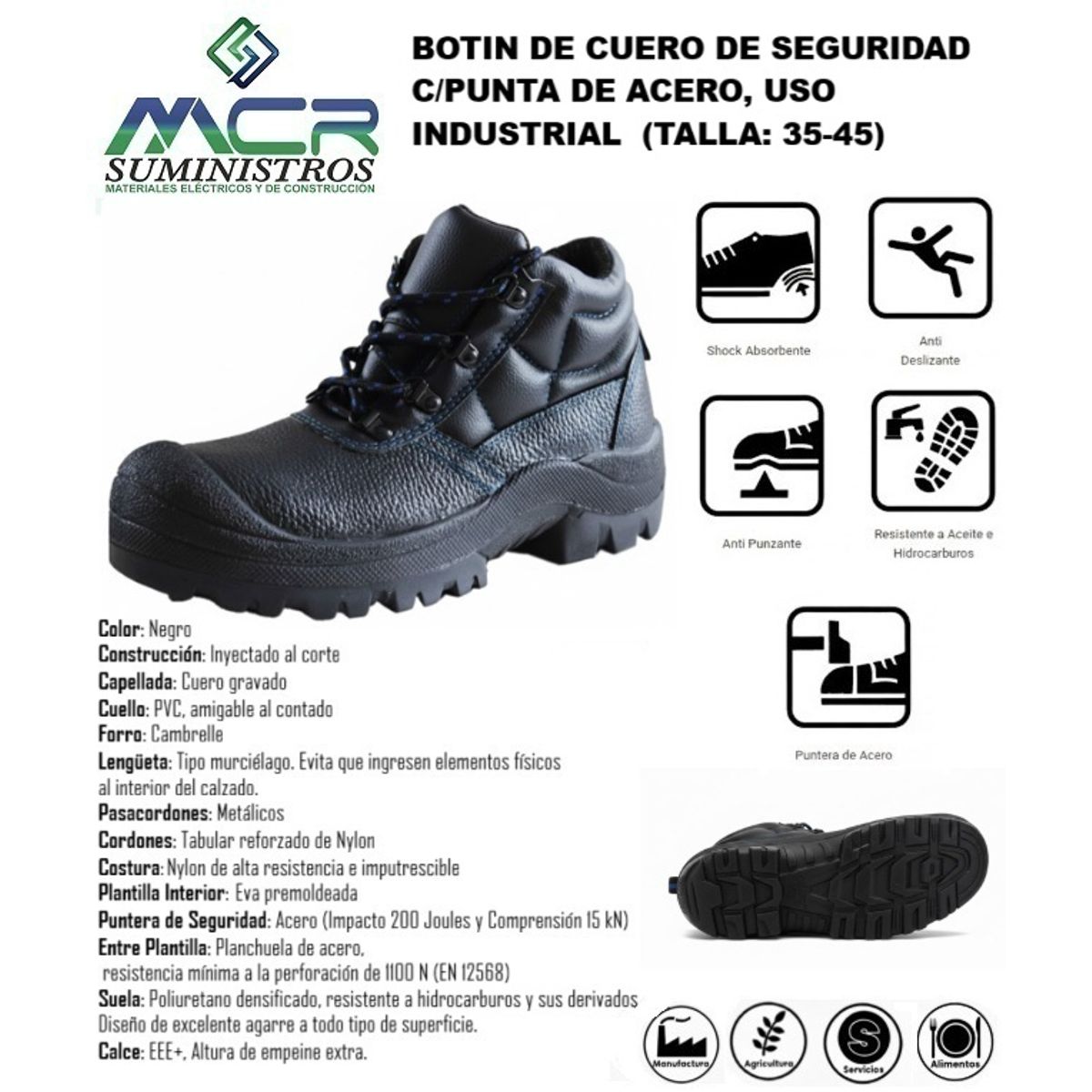 BOTIN DE CUERO DE SEGURIDAD CPUNTA DE ACERO USO INDUSTRIAL TALLA 35-45, marca GENERICO - Foto Principal