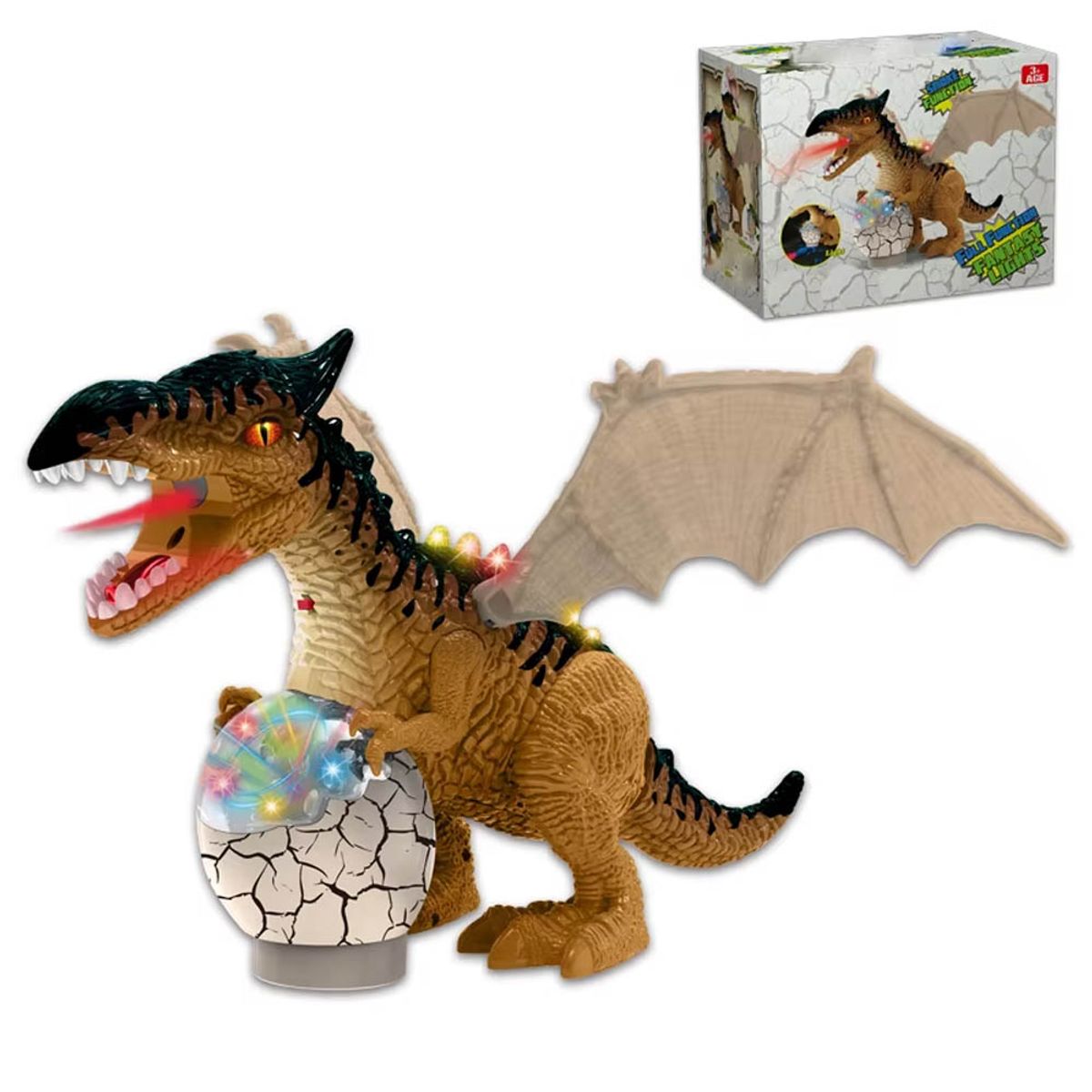 OEM - Dinosaurio Con Huevo Camina Sonido Luz y Humo Marrón