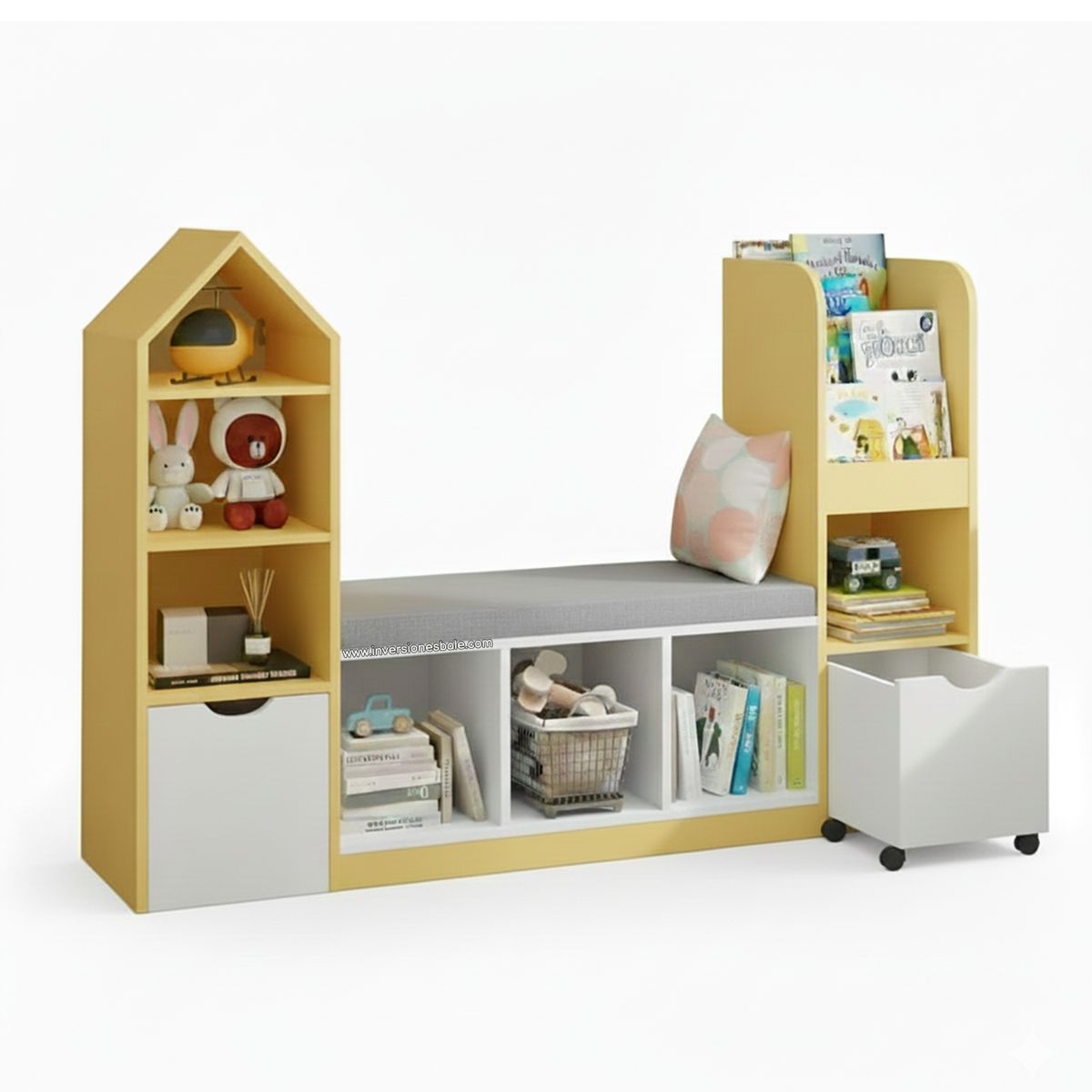 DIBA MUEBLES - Estante Organizador con Asiento Infantil Kiame Amarillo DIBA Muebles