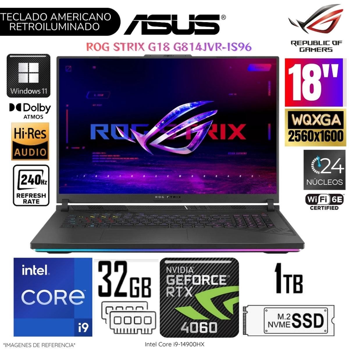 ASUS - Laptop Asus ROG Strix 18 G814JVR-IS96 Intel Core i9-14900HX 32GB RAM 1TB SSD 18"  WQXGA RTX4060-8GB WIN 11