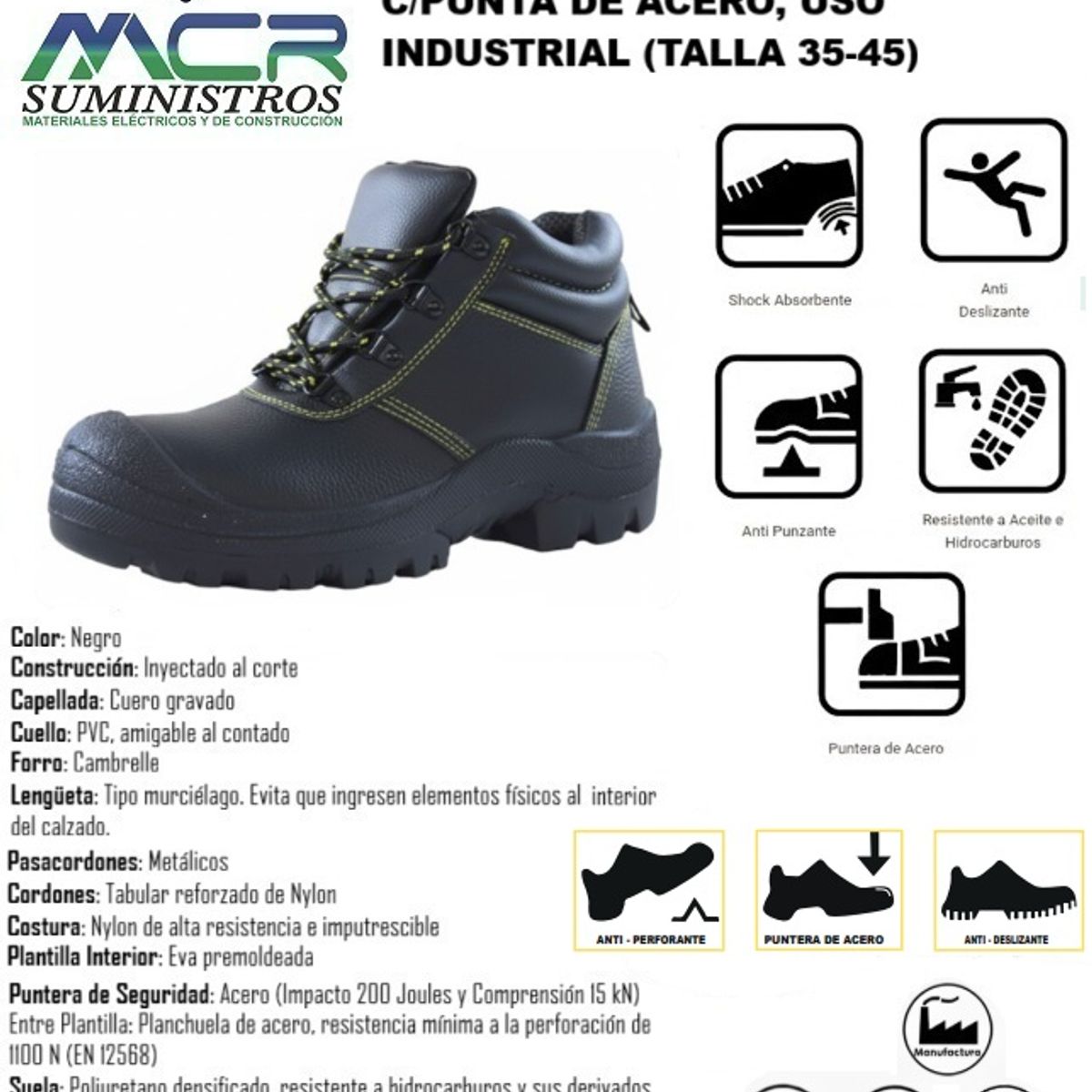 GENERICO - BOTIN DE CUERO DE SEGURIDAD CON PUNTA DE ACERO USO INDUSTRIAL TALLA 35-45
