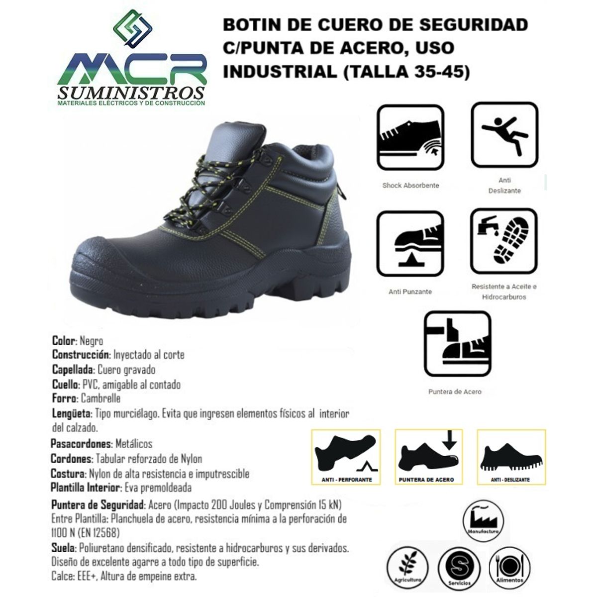 BOTIN DE CUERO DE SEGURIDAD CON PUNTA DE ACERO USO INDUSTRIAL TALLA 35-45, marca GENERICO - Foto Principal