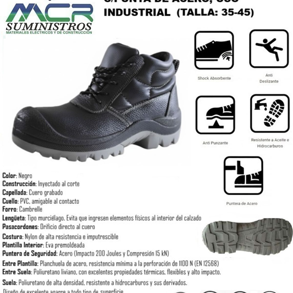 GENERICO - BOTIN DE CUERO DE SEGURIDAD CON PUNTA DE ACERO USO INDUSTRIAL TALLA 35-45