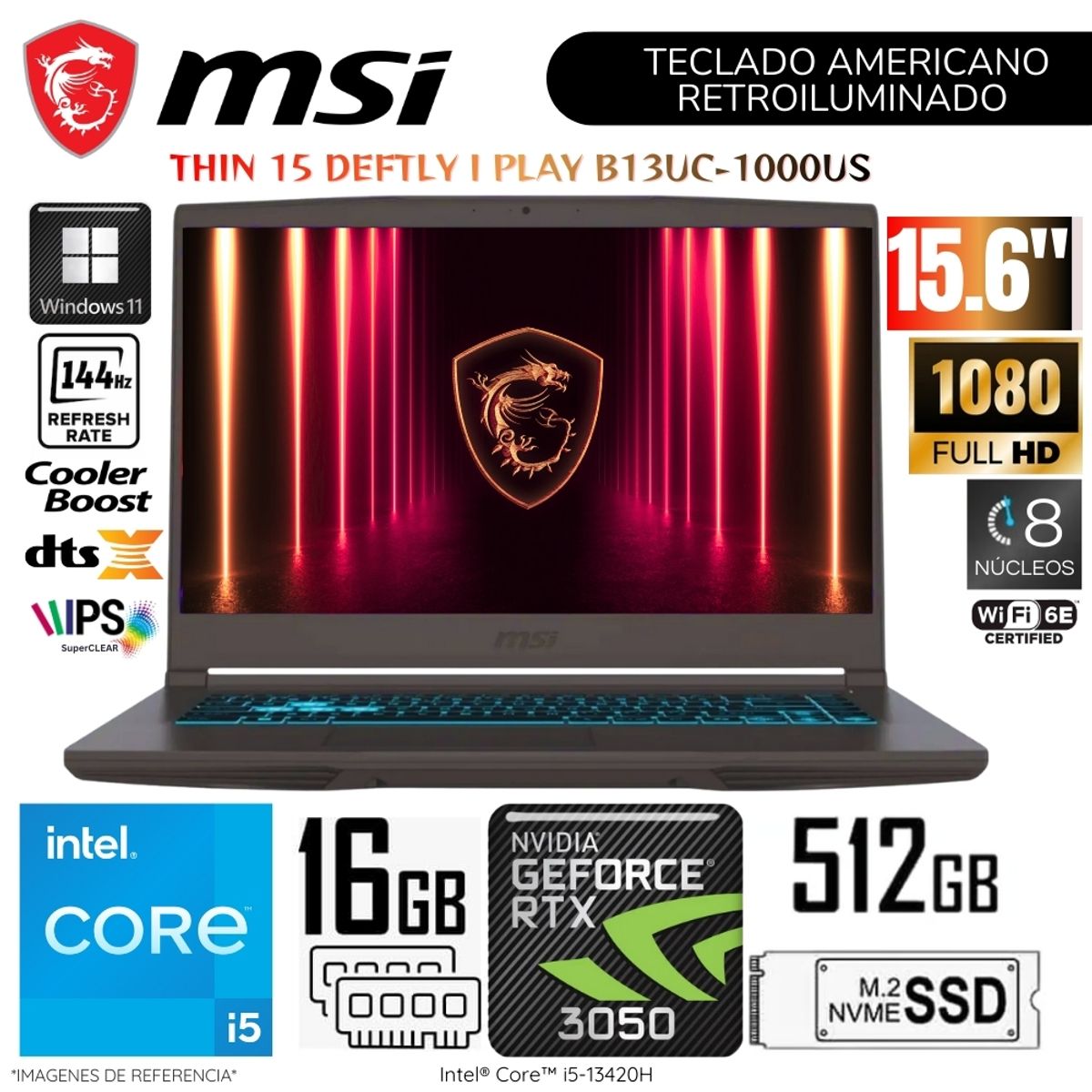 MSI - Laptop MSI Thin 15 B13UC Intel Core i5-13420H 16GB RAM 512GB SSD RTX 3050-4GB 15.6"  FHD 144Hz