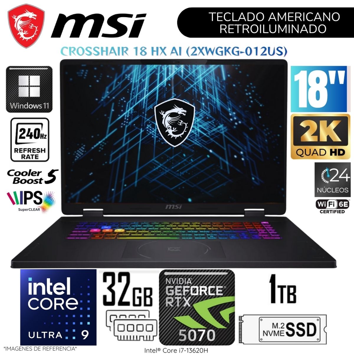 MSI - Laptop MSI Crosshair 18 HX AI Intel Core Ultra 9 275HX 32GB RAM 1TB SSD RTX 5070-8GB 18"  QHD 240Hz