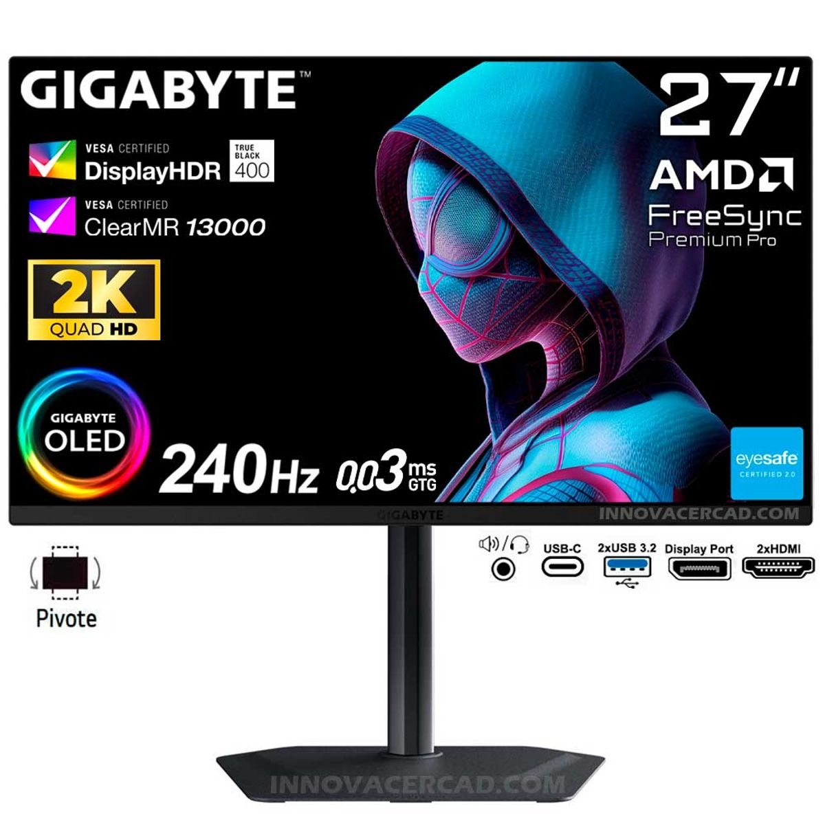 GIGABYTE - Monitor 27 Gigabyte MO27Q2 2K QHD OLED 240hz 0.03ms, Pivote, 10 BITS, FreeSync Premium Pro