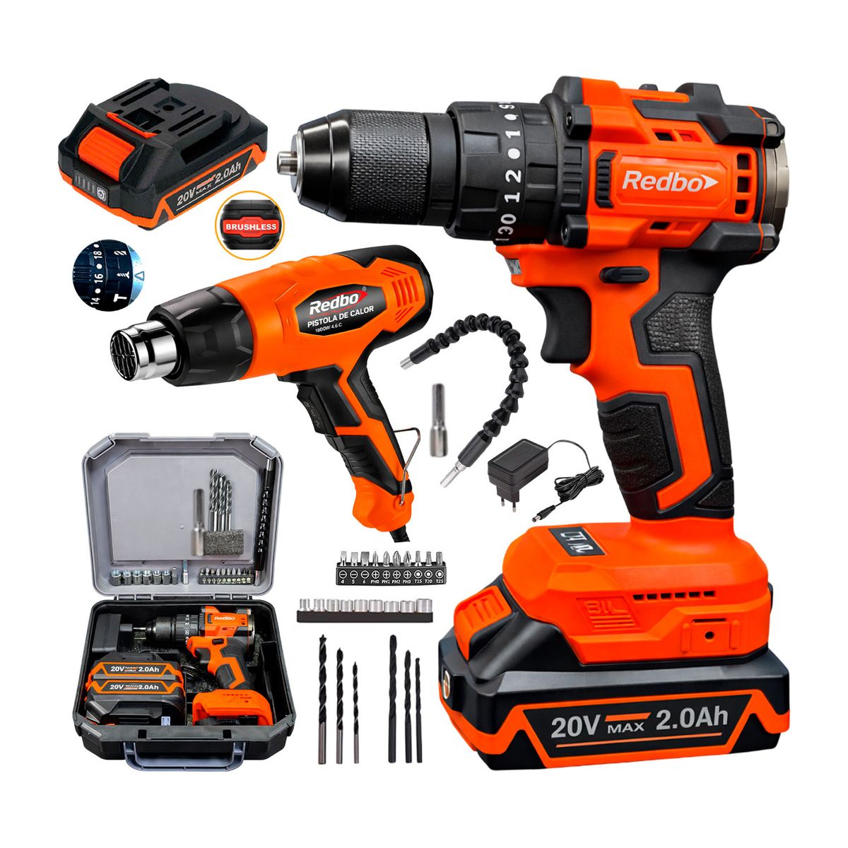 REDBO - Combo Taladro 20v + Pistola De Calor 220v + 2baterias + Accs