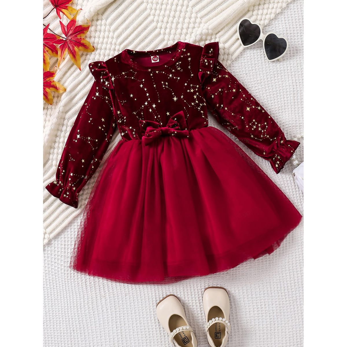 GENERICO - Vestido Navidad Terciopelo y tul con Estrellas Doradas Niña