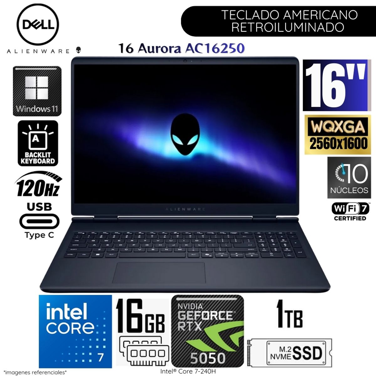 DELL - Laptop Dell ALIENWARE 16 Aurora Intel  Core 7 240H 16GB DDR5 RAM 1TB SSD RTX 5050-8GB 16"  WQXGA