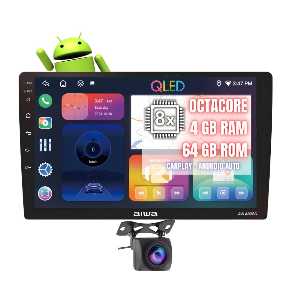 AIWA - Autoradio Android Aiwa Octacore Con Android Auto & CarPlay 4GB RAM + 64GB GPSWiFi AW-A928C