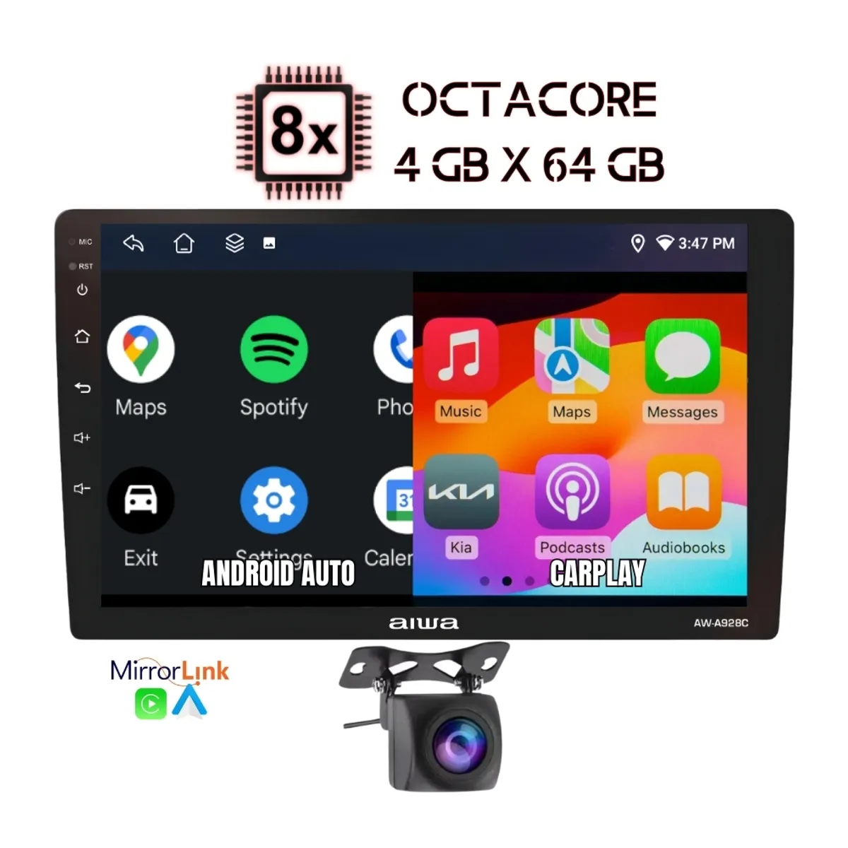 AIWA - Autoradio Android Aiwa Octacore Con Android Auto & CarPlay 4GB RAM + 64GB GPSWiFi AW-A928C