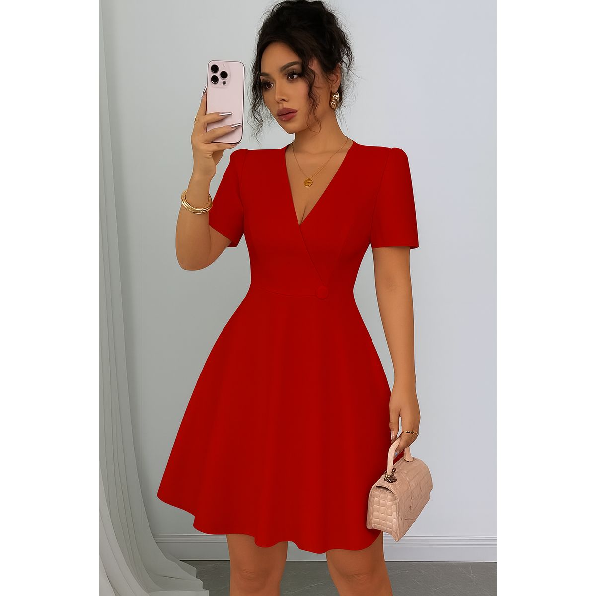 GENERICO - Vestido rojo coctel con botones