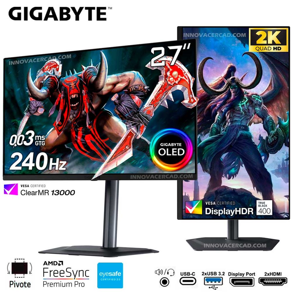 GIGABYTE - Monitor 27 Gigabyte MO27Q2 2K QHD OLED 240hz 0.03ms, Pivote, 10 BITS, FreeSync Premium Pro