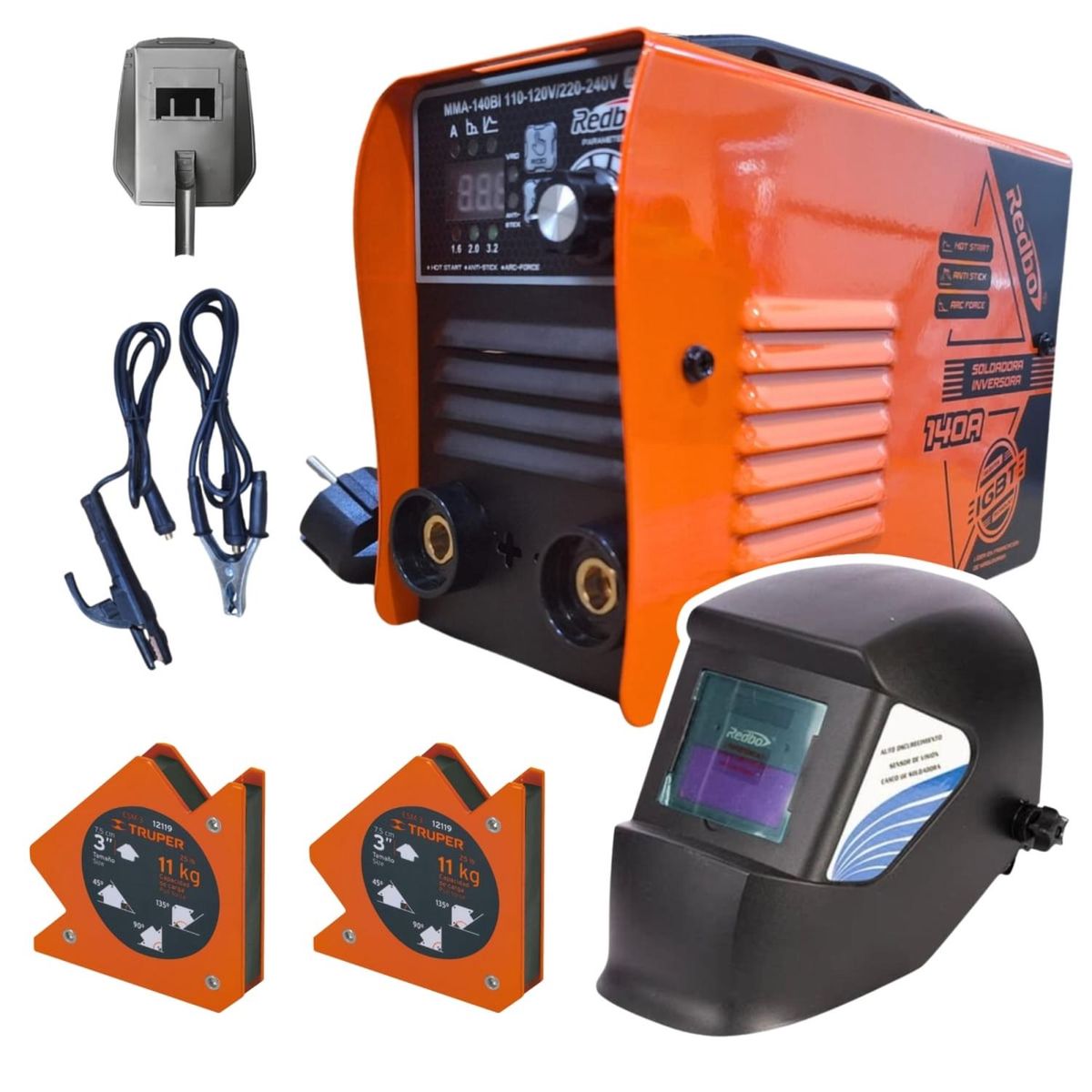 REDBO - Soldadora inversora 140A + mascara para soldar Redbo + 2 escuadra magnetica