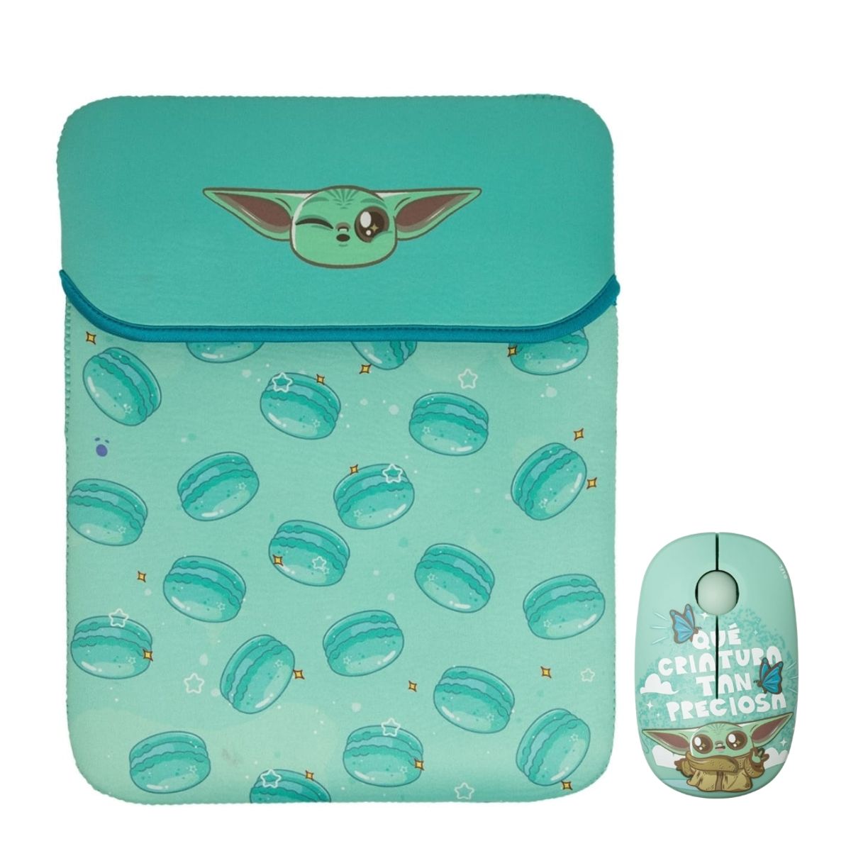 STAR WARS - Mouse Inalambrico + Funda para Laptop Reversible Star Wars Baby Yoda Neopreno 15 - 16 pulgadas Mod 1