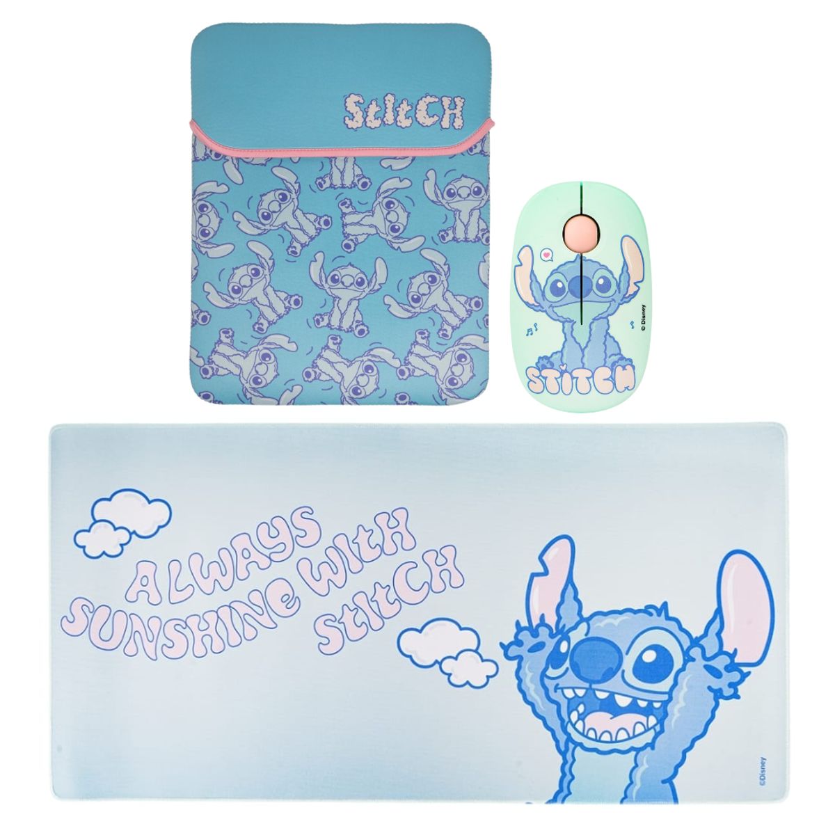 LILO & STITCH - Mouse Inalambrico + Pad Desk 80x40 CM + Funda para Laptop Reversible Stitch Disney Neopreno 15 - 16 pulgadas Mod 1