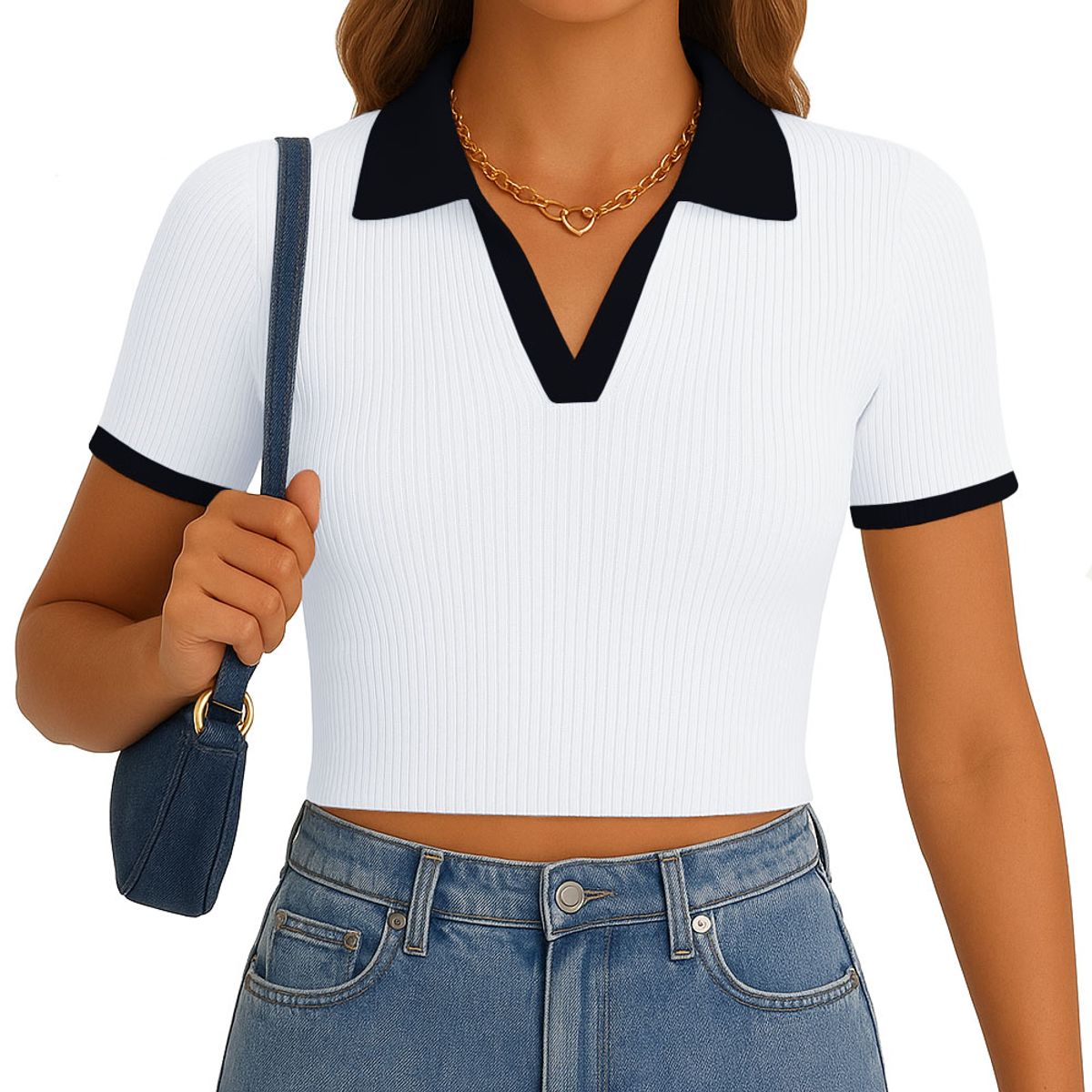GENERICO - Polo Mujer Camisero Bicolor Manga Corta Rib Grueso New 710-13 Color Blanco