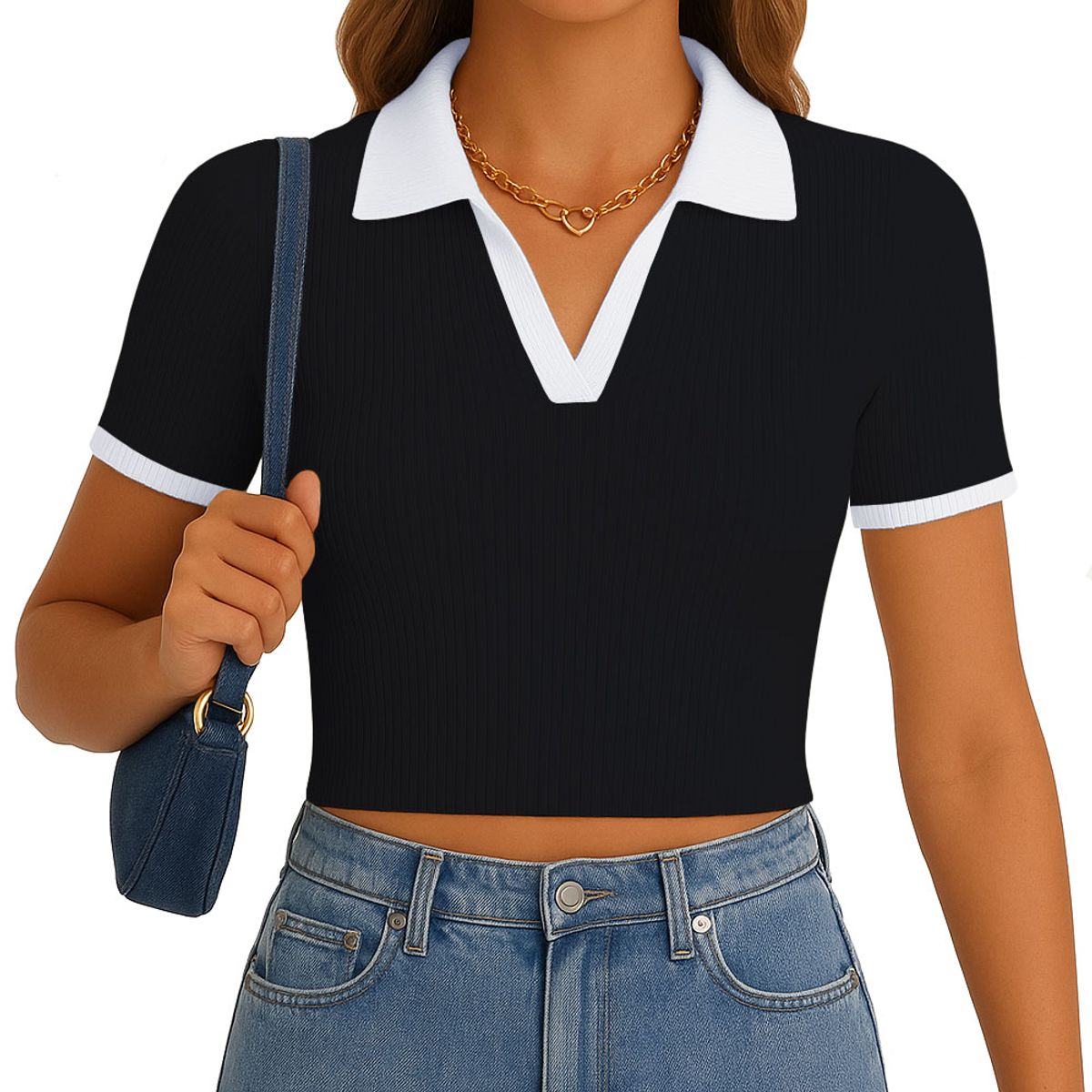 GENERICO - Polo Mujer Camisero Bicolor Manga Corta Rib Grueso New 710-13 Color Negro