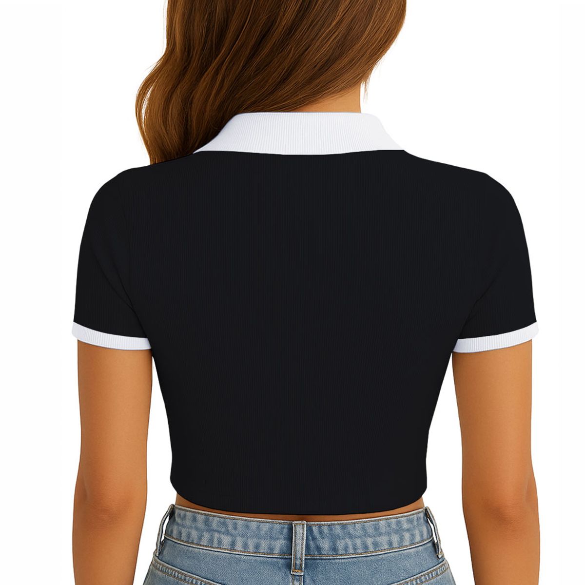 GENERICO - Polo Mujer Camisero Bicolor Manga Corta Rib Grueso New 710-13 Color Negro