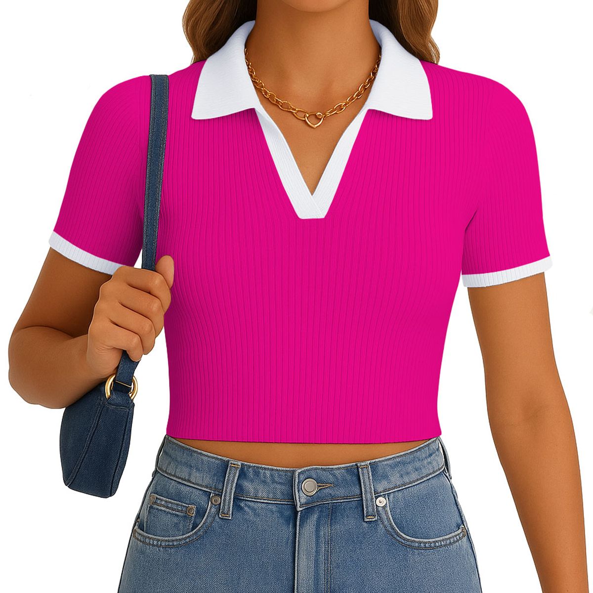 GENERICO - Polo Mujer Camisero Bicolor Manga Corta Rib Grueso New 710-13 Color Fucsia