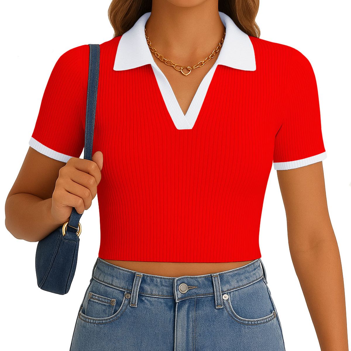 GENERICO - Polo Mujer Camisero Bicolor Manga Corta Rib Grueso New 710-13 Color Rojo