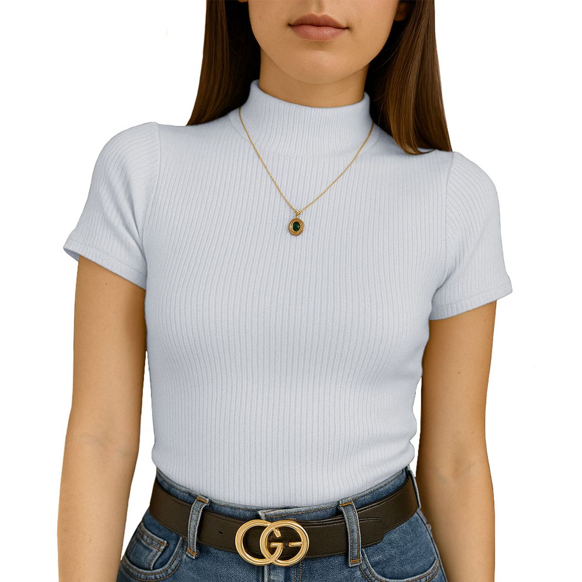 GENERICO - Polo Mujer Cuello redondo Manga Corta Sab 801-12 Rib Grueso Color Perla