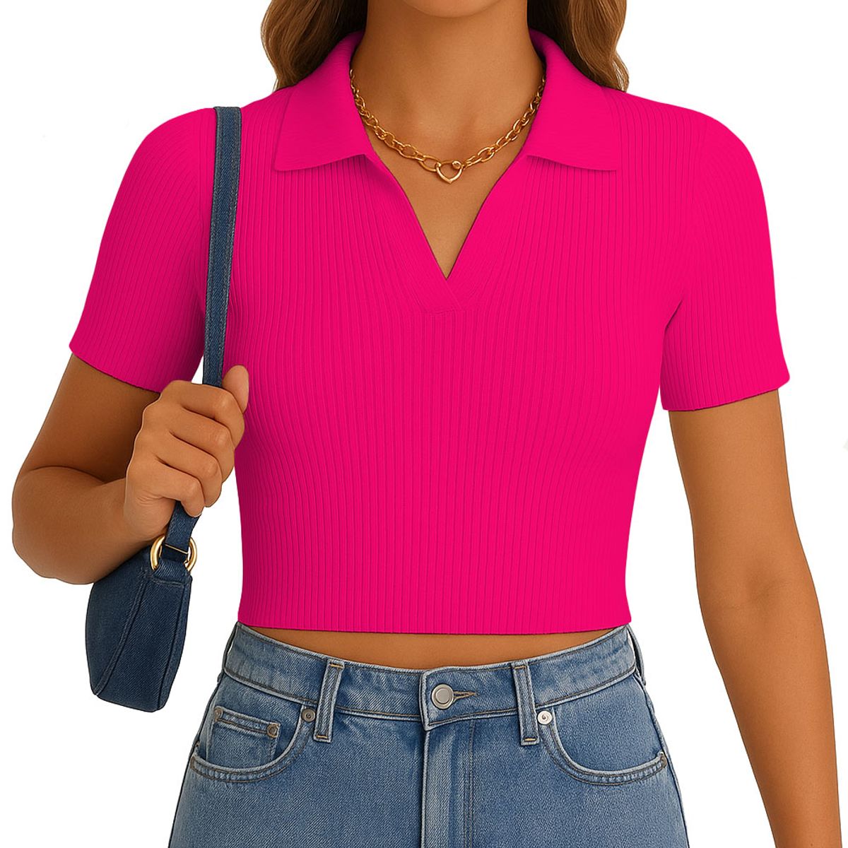 GENERICO - Polo Mujer Camisero Manga Corta New 710-13 Rib Grueso Color Chicle